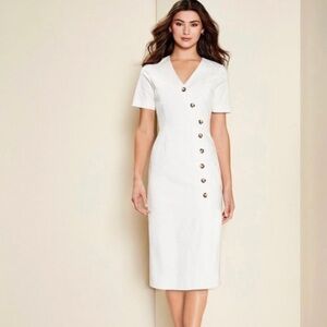Alex Marie White Asymmetrical Buttoned Sheath Dress